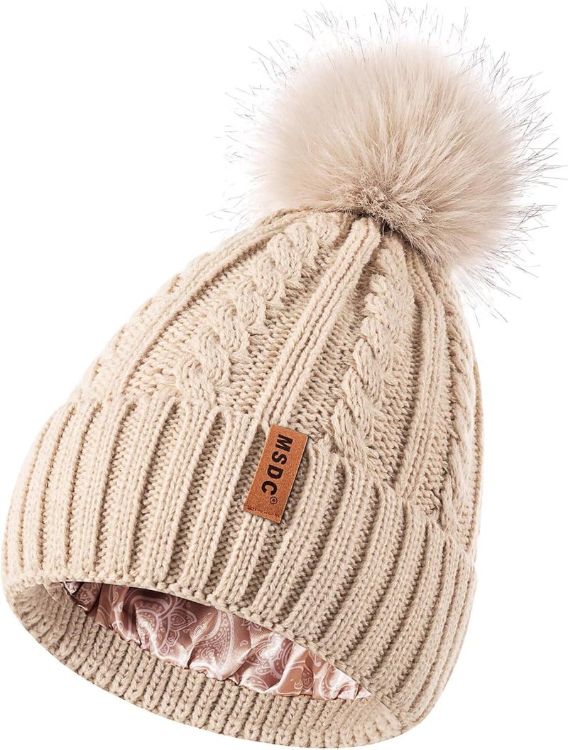 MSDC Satin Lined Beanie for Women with Pom Pom, Warm Womens Winter Hats with Silk Lined, Fashionable Knit Beanie Skull Cap - Image 1